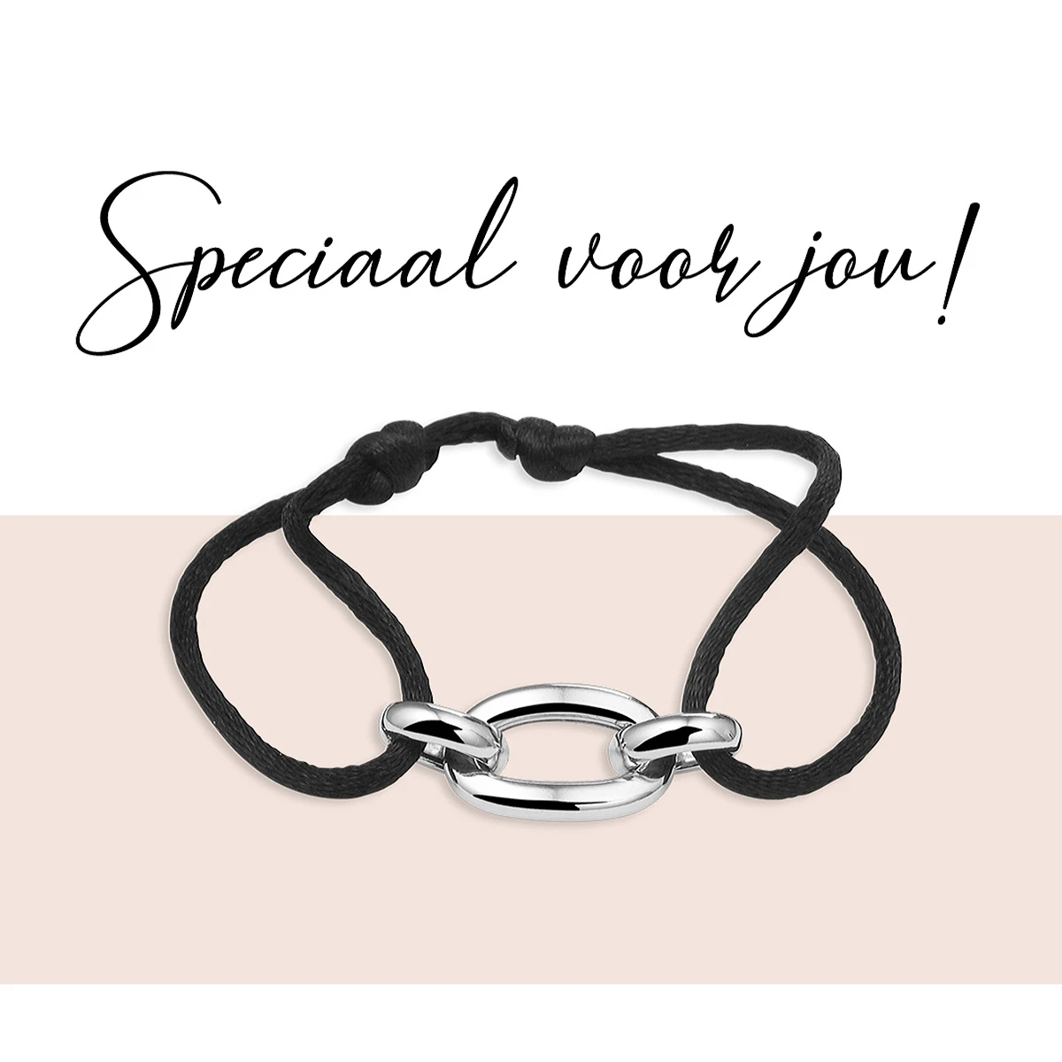armband satijn zwart 13 - 26 cm zilver gerhodineerd met rubber/nylon/leer