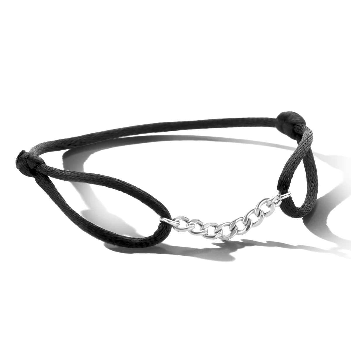 armband satijn zwart 13 - 26 cm zilver gerhodineerd met rubber/nylon/leer