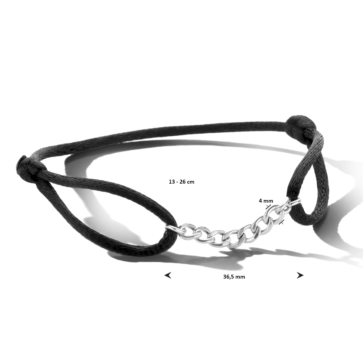 armband satijn zwart 13 - 26 cm zilver gerhodineerd met rubber/nylon/leer