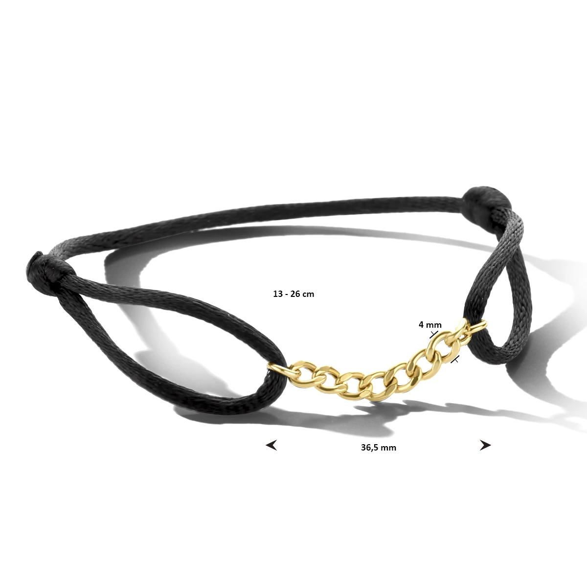 armband satijn zwart 13 - 26 cm zilver verguld (met rubber/nylon/leer)