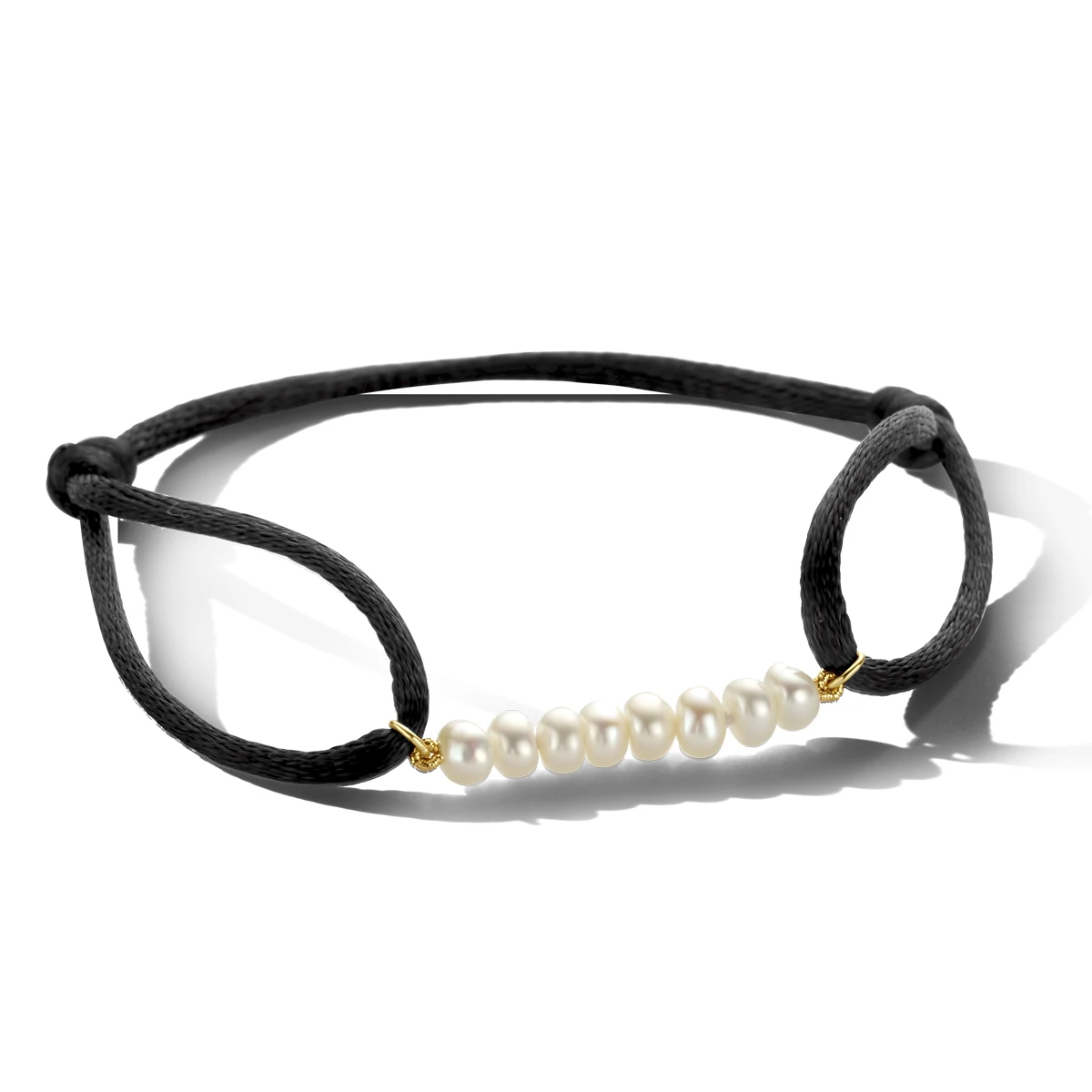 armband satijn zwart parels 13 - 26 cm zilver verguld (met rubber/nylon/leer)