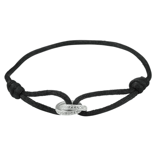 armband satijn zwart zirkonia 13 - 26 cm zilver gerhodineerd met rubber/nylon/leer