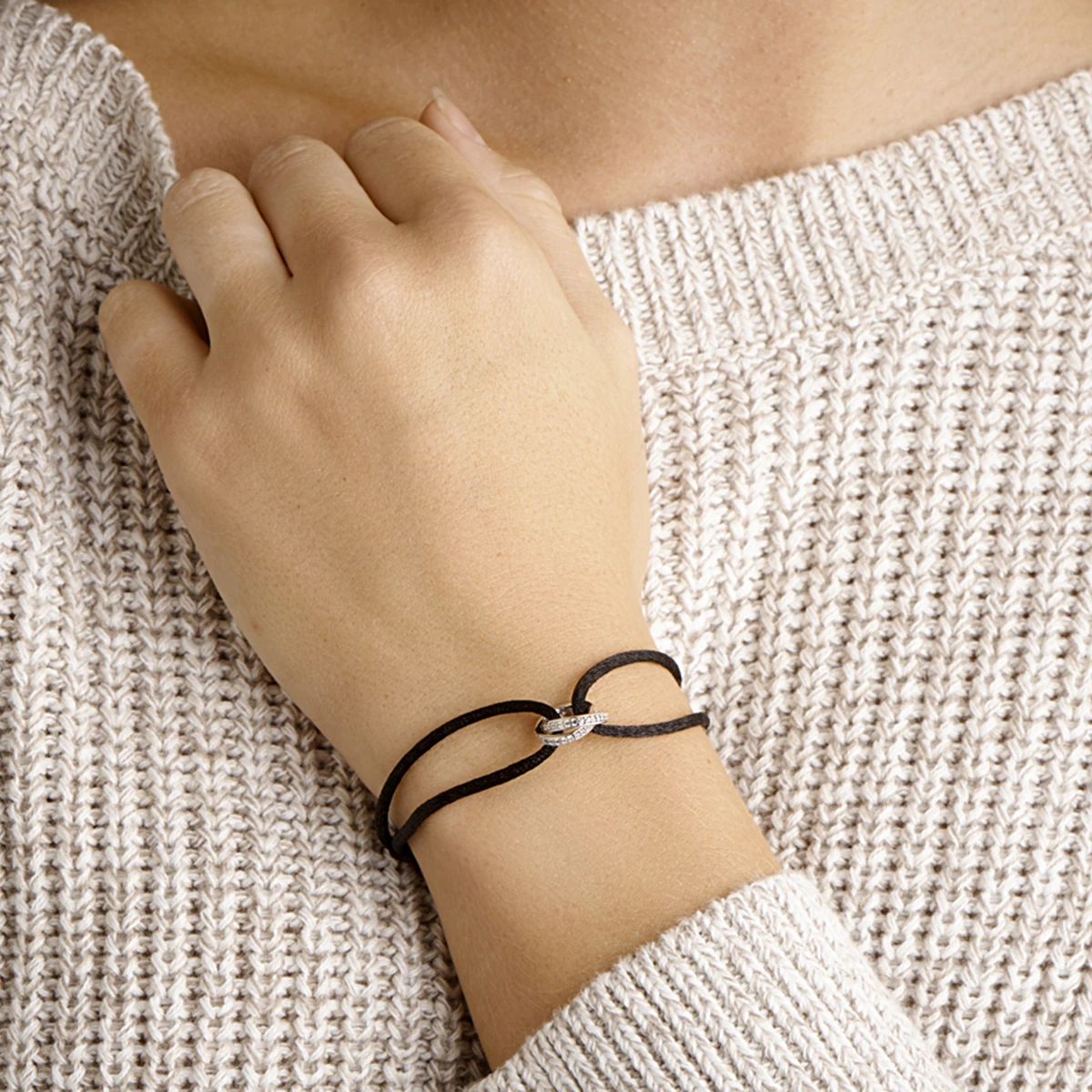 armband satijn zwart zirkonia 13 - 26 cm zilver gerhodineerd met rubber/nylon/leer