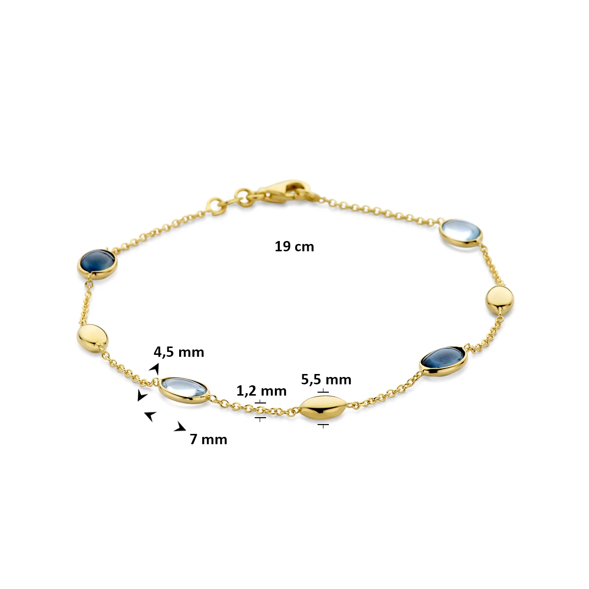 armband sky blue topaas en london blue topaas 19 cm 14K geelgoud