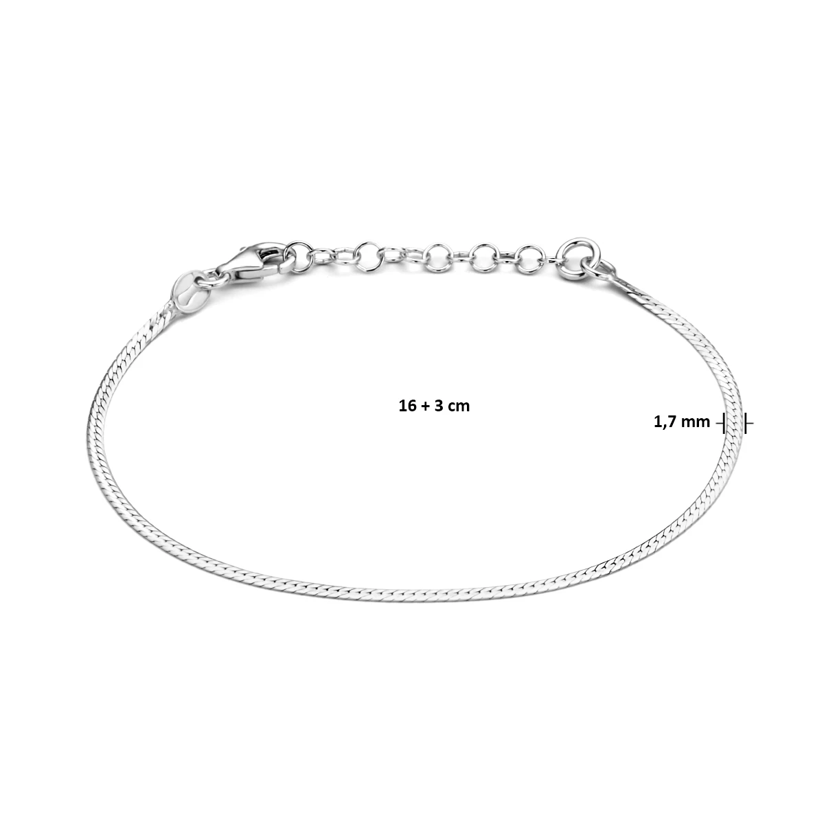 armband slang plat 1,7 mm 16 + 3 cm zilver gerhodineerd