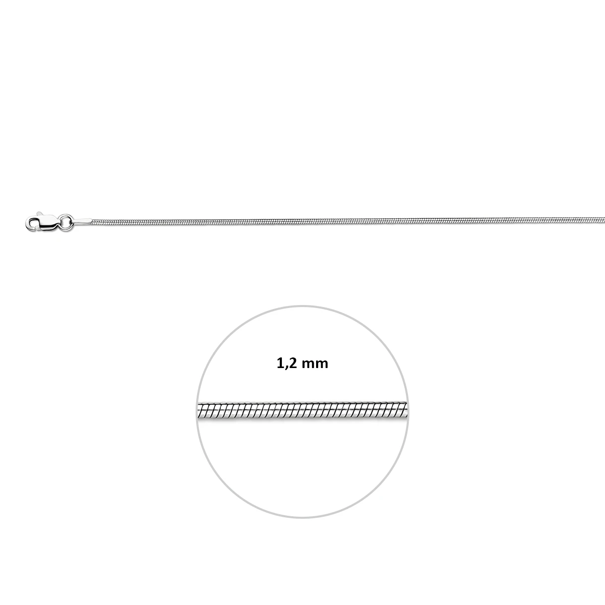 armband slang rond 1,2 mm 19 + 2 cm zilver gerhodineerd