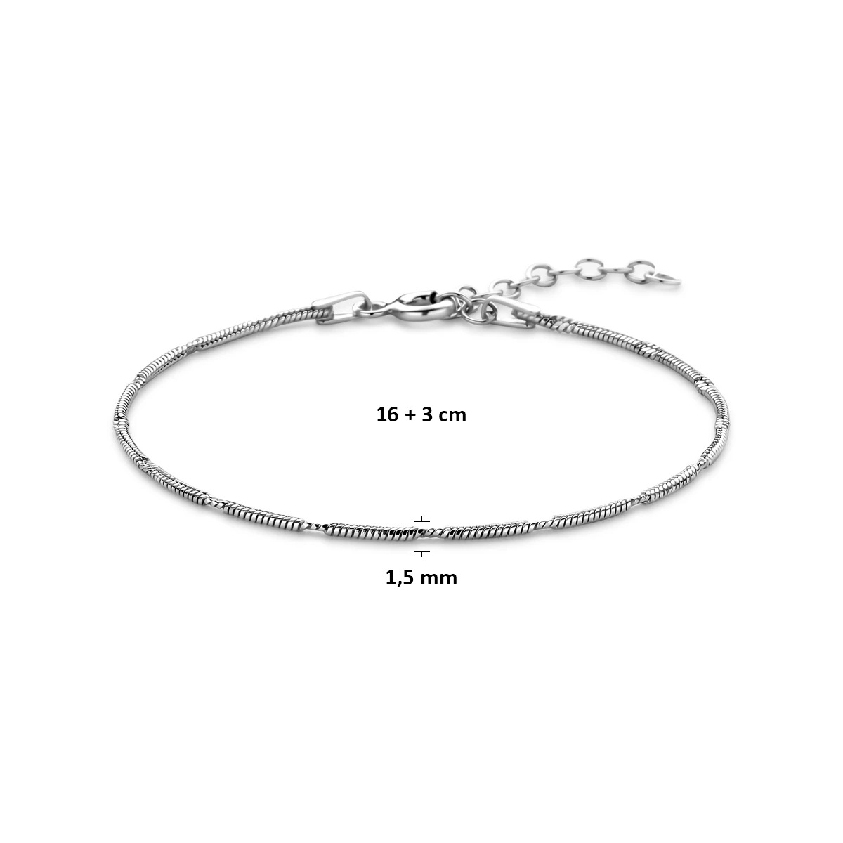 armband slang rond 1,5 mm 16 + 3 cm zilver gerhodineerd