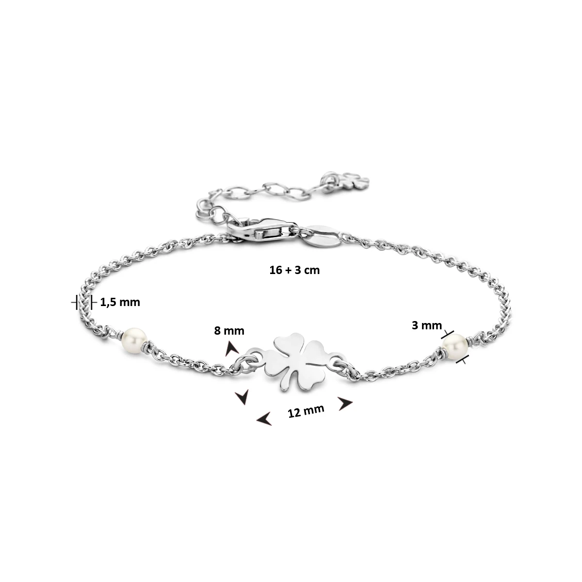 armband synth. parel en klaver 16 + 3 cm zilver gerhodineerd