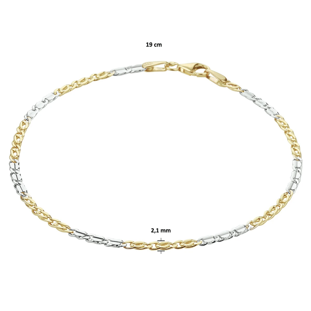 armband valkenoog 2,1 mm 14K bicolor goud geel/wit