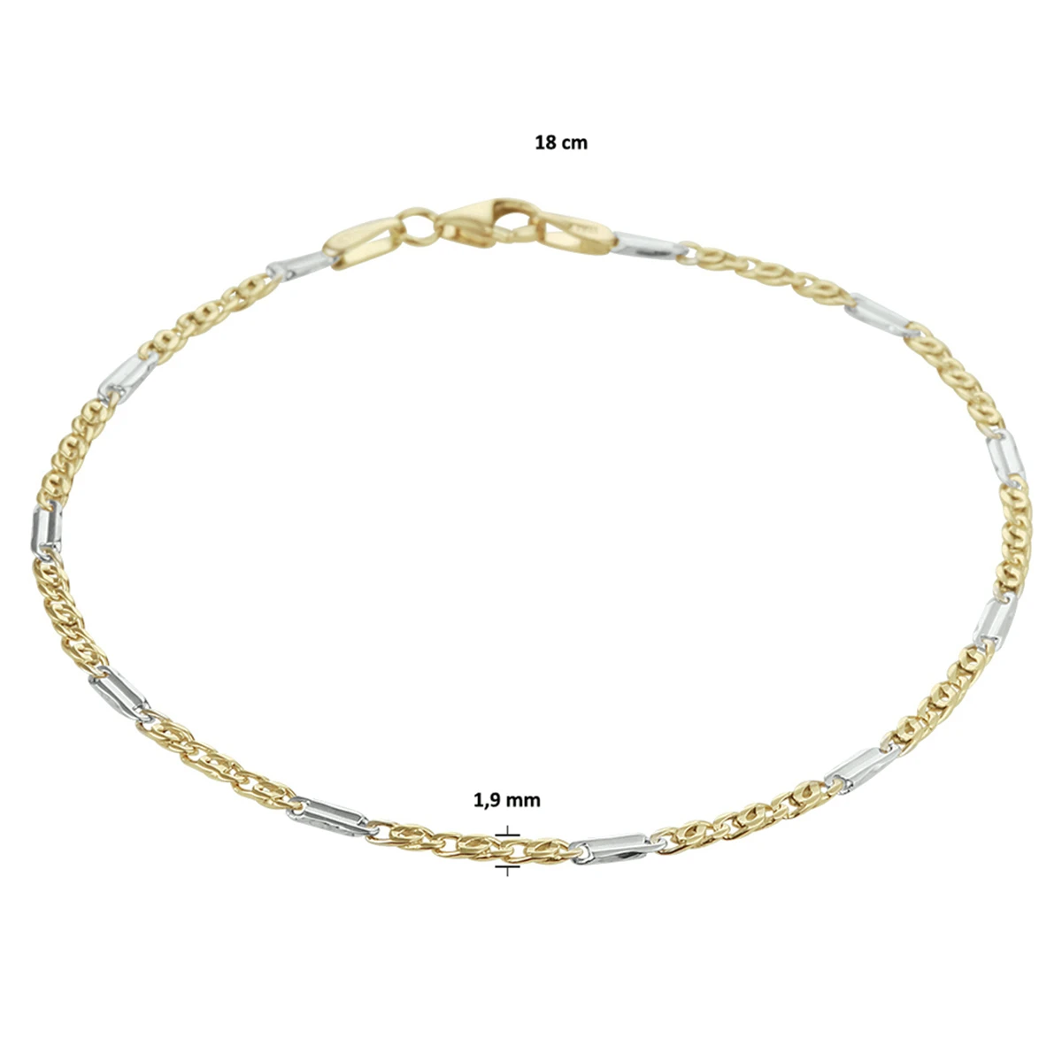 armband valkenoog met tussenstuk 1,9 mm 14K bicolor goud geel/wit