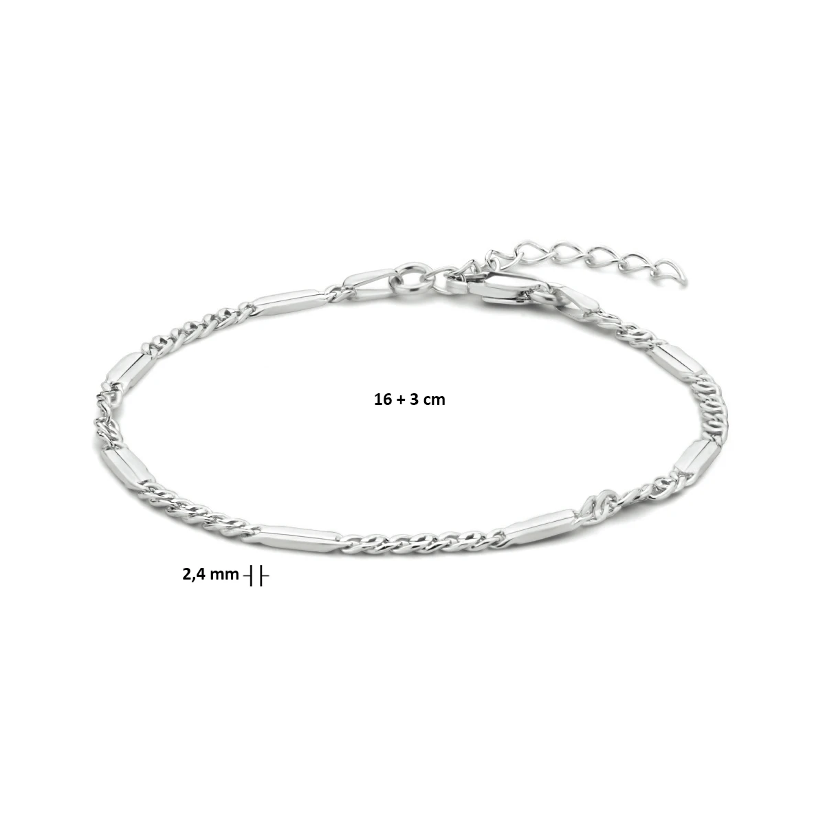 armband valkenoog met tussenstuk 2,4 mm 16 + 3 cm zilver gerhodineerd