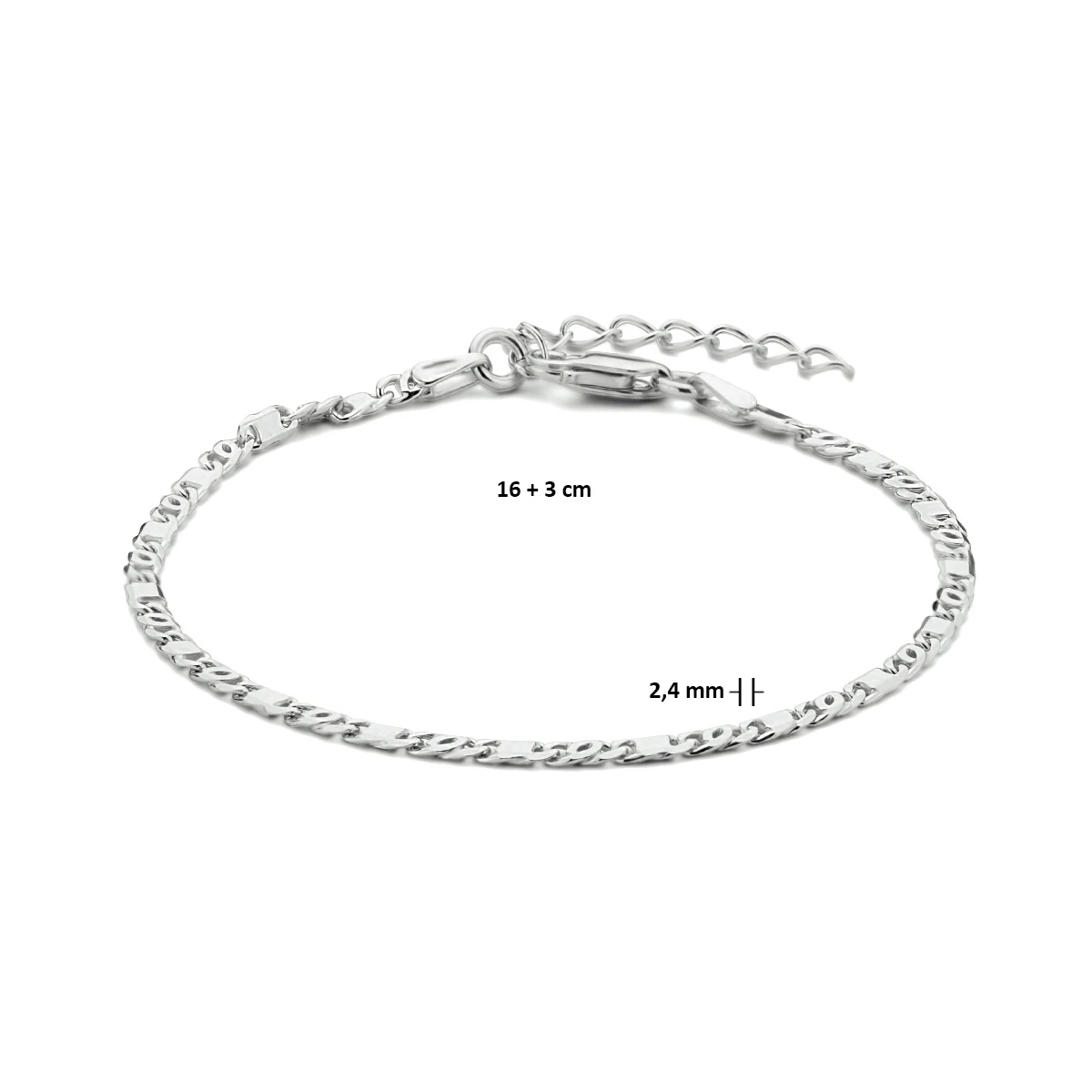 armband valkenoog met tussenstuk 2,4 mm 16 + 3 cm zilver gerhodineerd