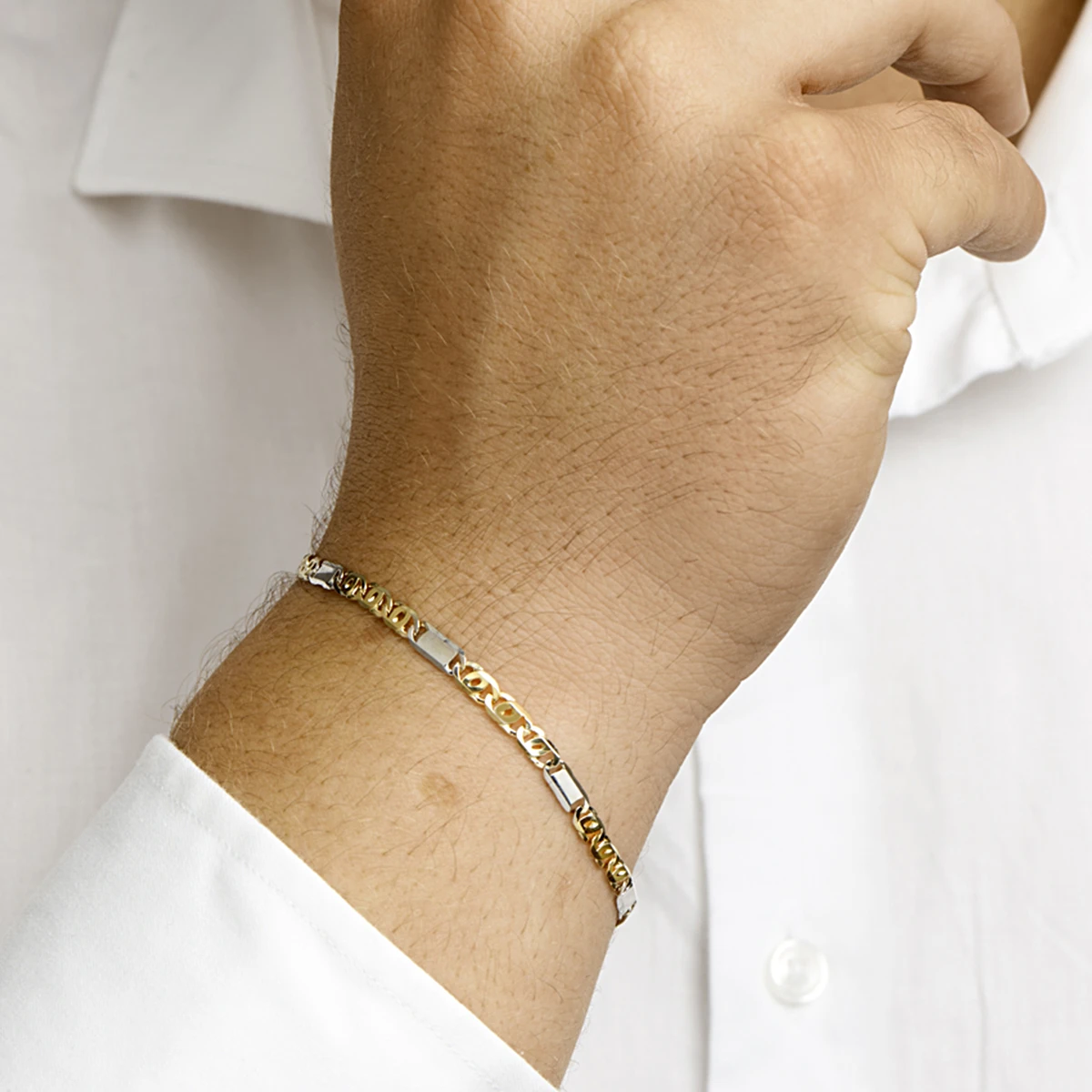 armband valkenoog met tussenstuk 3,7 mm 14K bicolor goud geel/wit