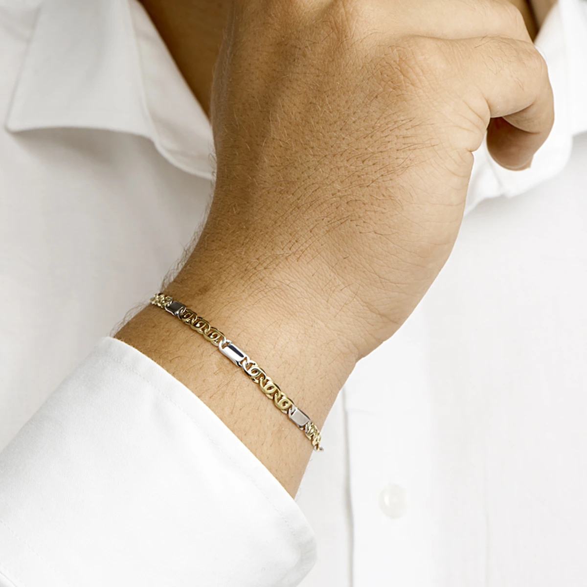 armband valkenoog met tussenstuk 3,7 mm 14K bicolor goud geel/wit