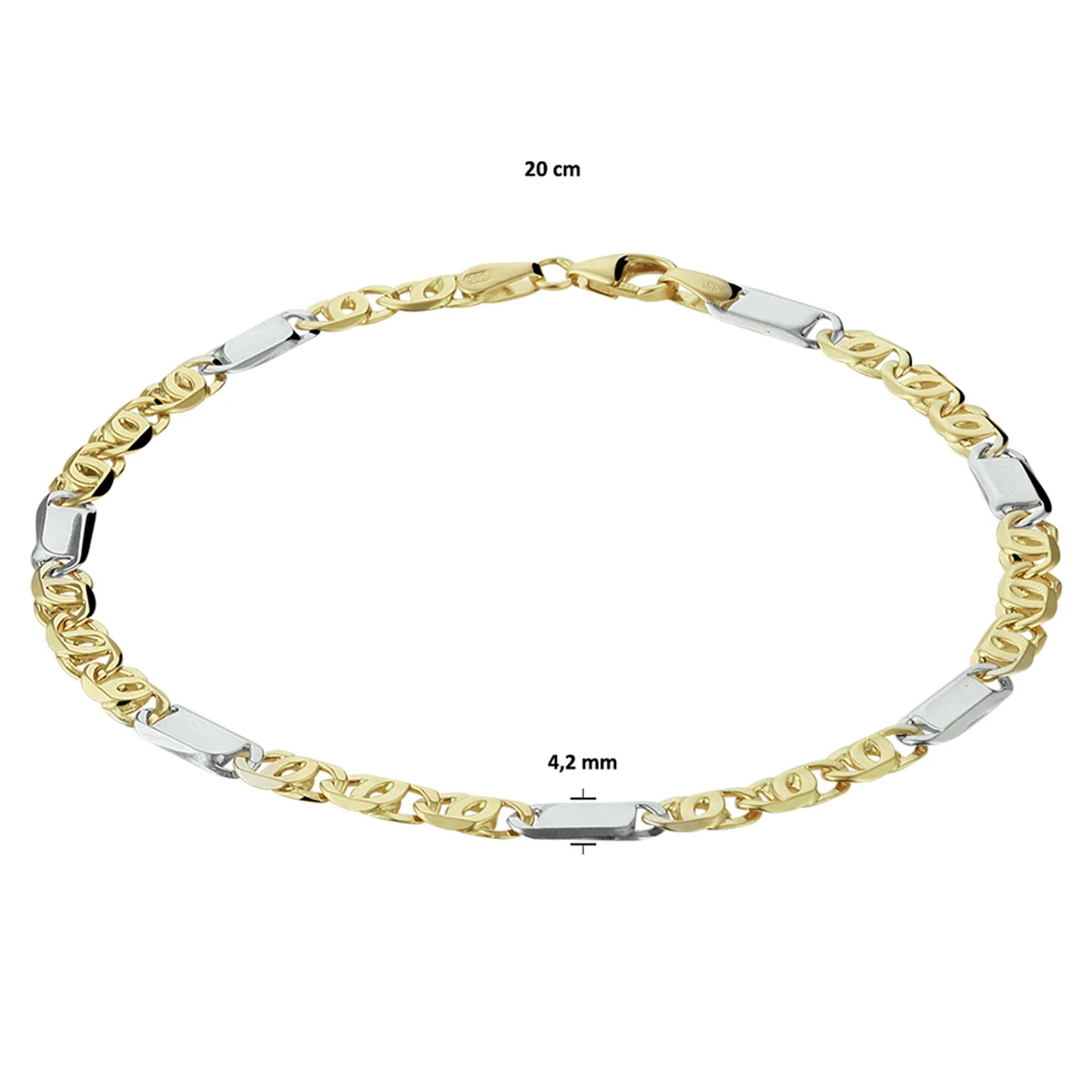 armband valkenoog met tussenstuk 3,7 mm 14K bicolor goud geel/wit