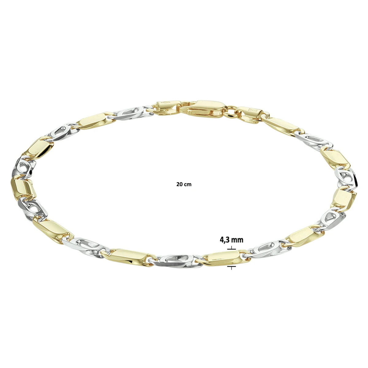 armband valkenoog met tussenstuk 4,2 mm 14K bicolor goud geel/wit