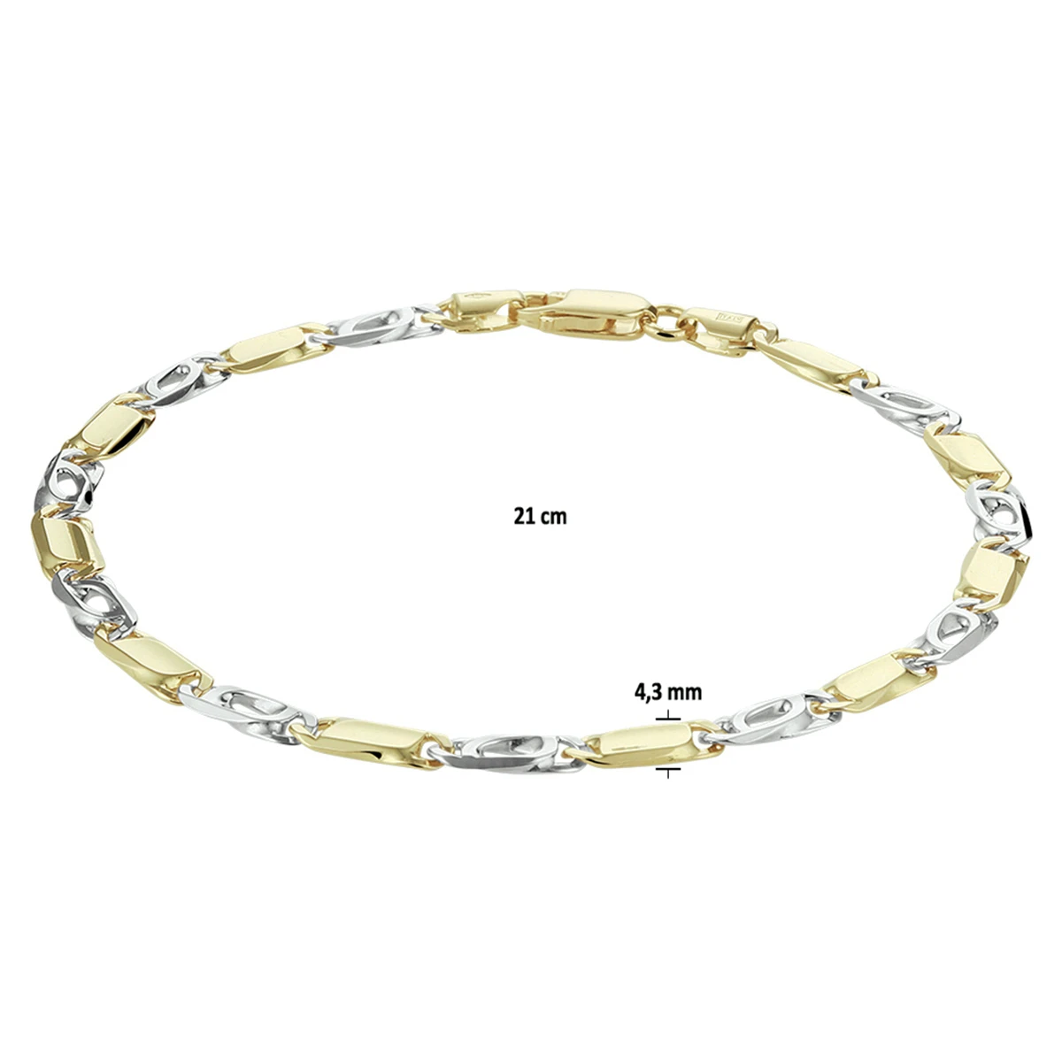 armband valkenoog met tussenstuk 4,2 mm 14K bicolor goud geel/wit