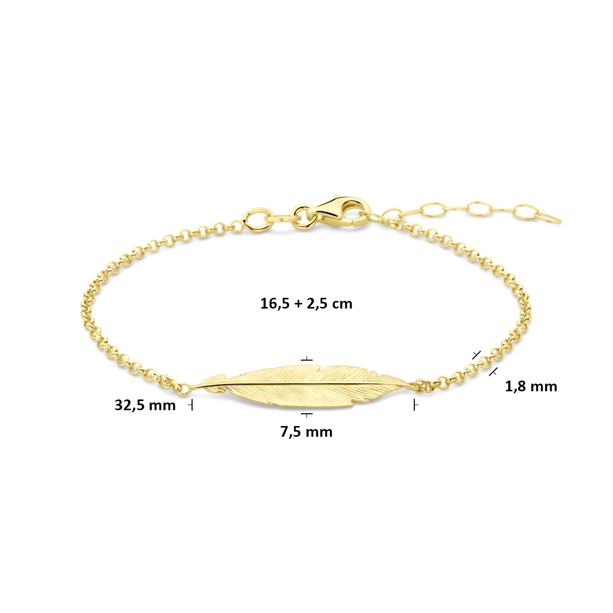 armband veer 16,5 + 2,5 cm 3 micron zilver verguld (geel)