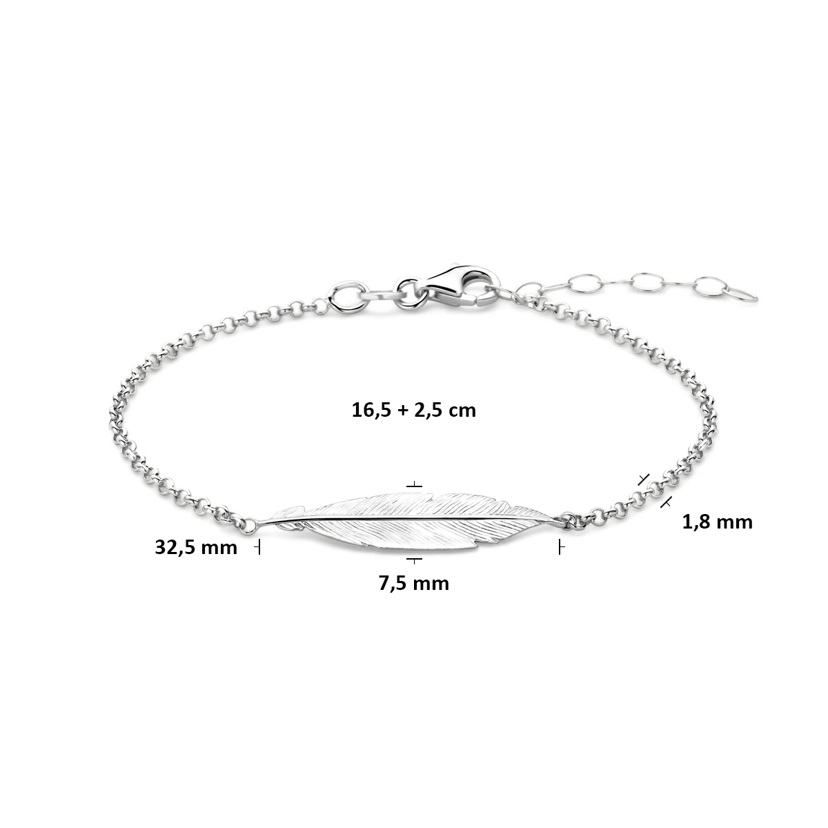 armband veer 16,5 + 2,5 cm zilver gerhodineerd