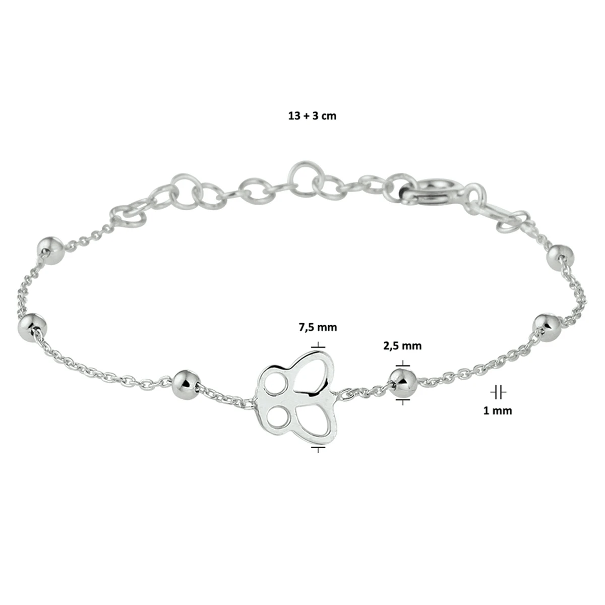 armband vlinder 13 + 3 cm zilver gerhodineerd
