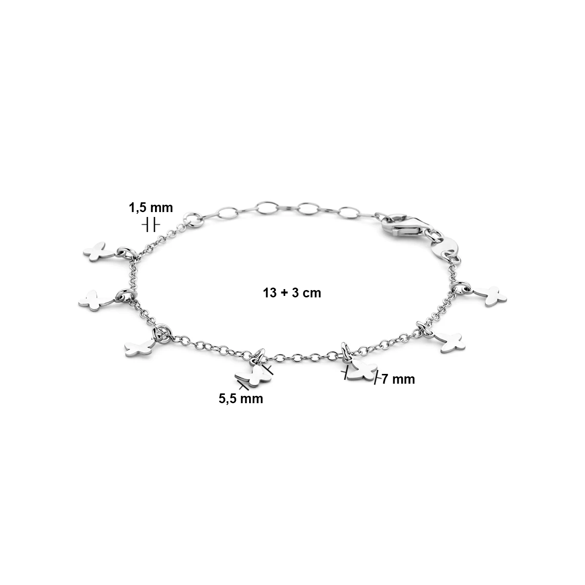 armband vlinders 13 + 3 cm zilver gerhodineerd