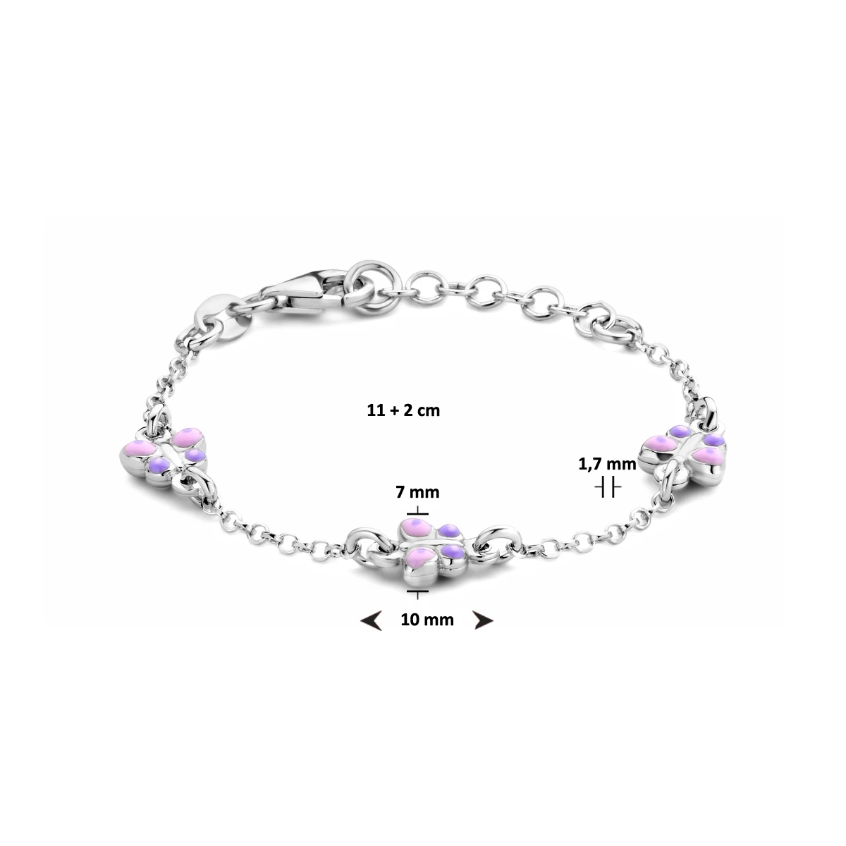 armband vlinders emaille 11 + 2 cm zilver gerhodineerd