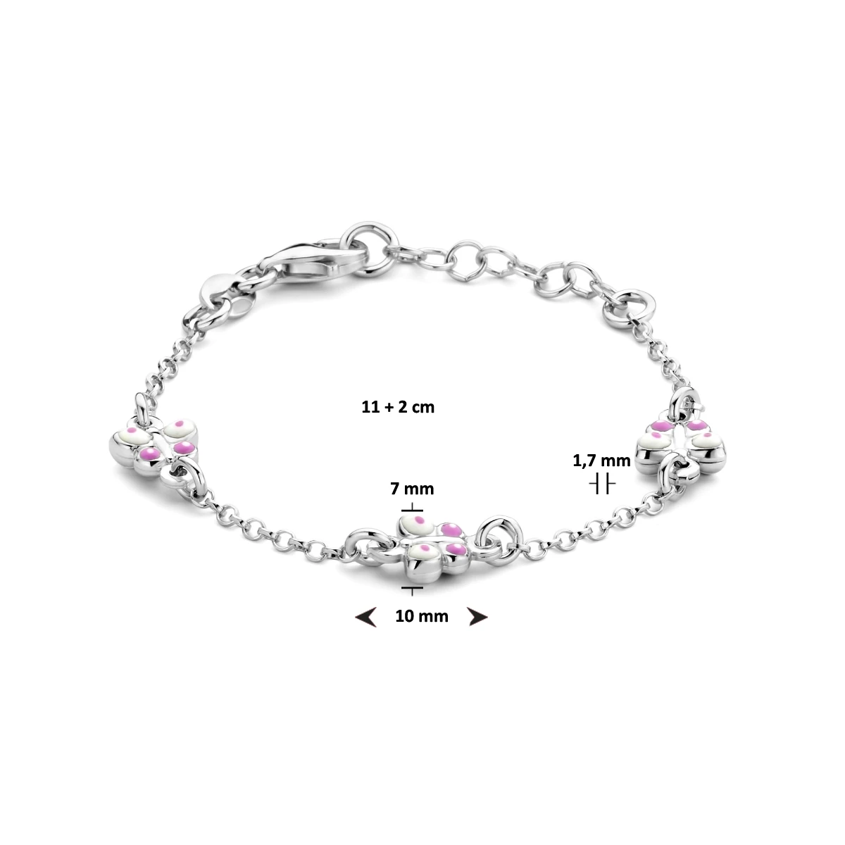 armband vlinders emaille 11 + 2 cm zilver gerhodineerd