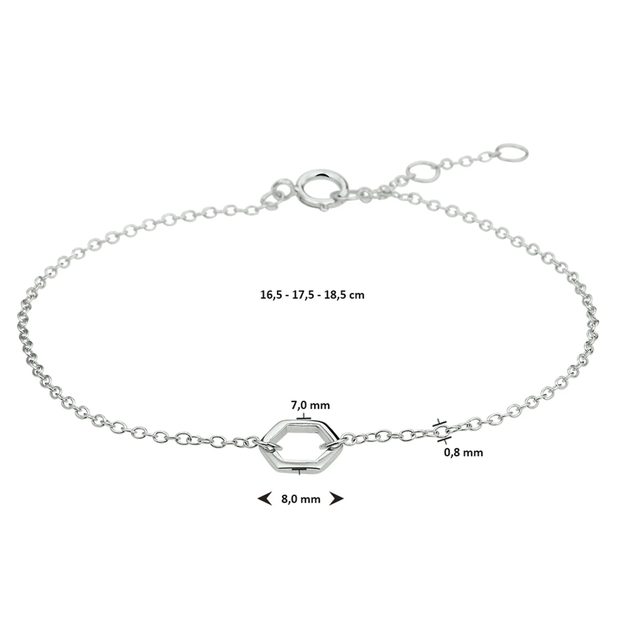 armband zeshoek 16,5 - 17,5 - 18,5 cm zilver gerhodineerd