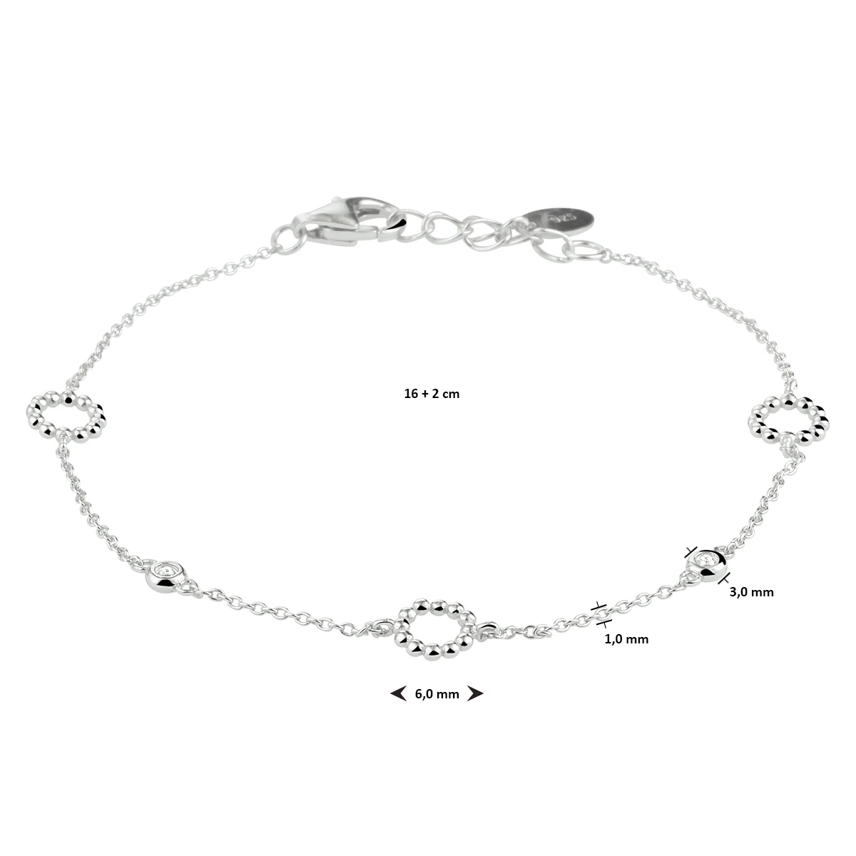 armband zirkonia 16 + 2 cm zilver gerhodineerd