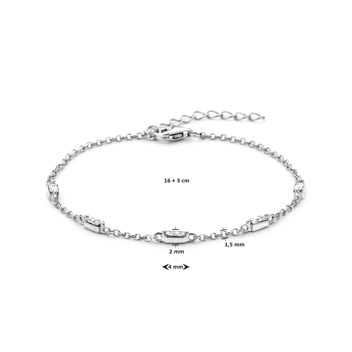 armband zirkonia 16 + 3 cm zilver gerhodineerd