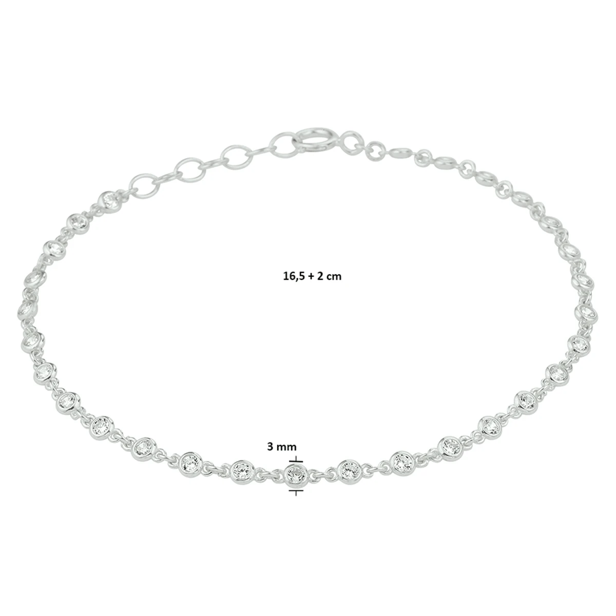 armband zirkonia 16,5 + 2 cm zilver gerhodineerd