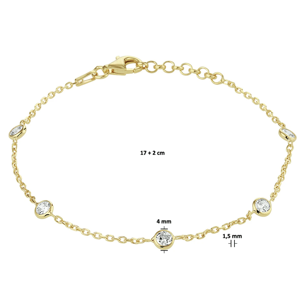 armband zirkonia 17 + 2 cm 3 micron zilver verguld (geel)