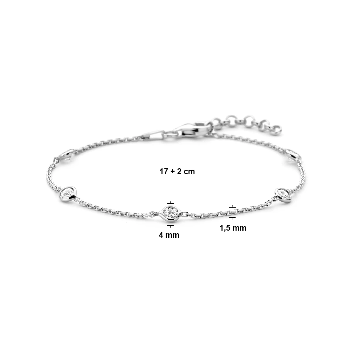 armband zirkonia 17 + 2 cm zilver gerhodineerd