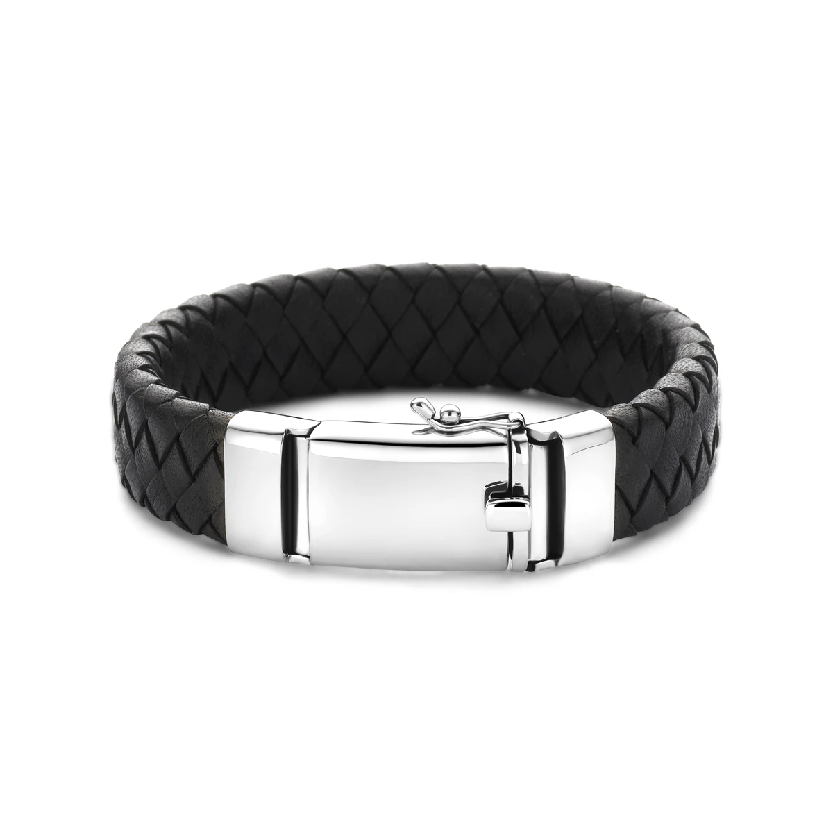 armband zwart leer 15 mm 21 cm zilver gerhodineerd