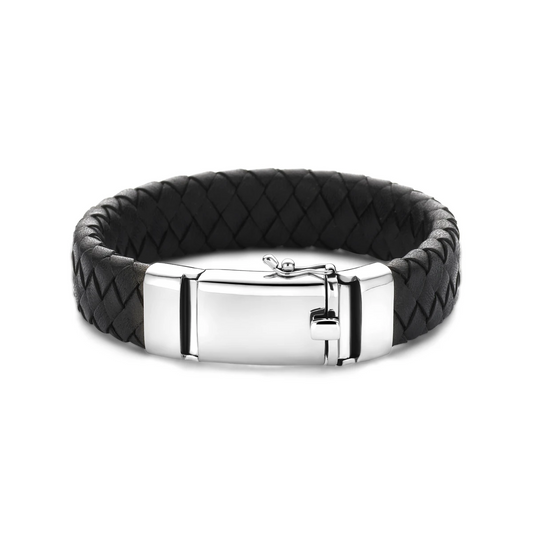 armband zwart leer 15 mm 21 cm zilver gerhodineerd