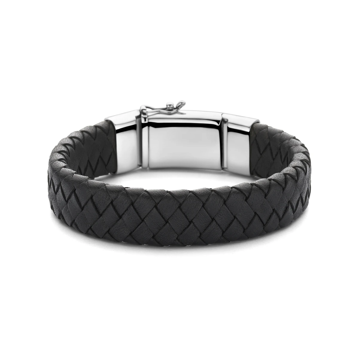 armband zwart leer 15 mm 21 cm zilver gerhodineerd