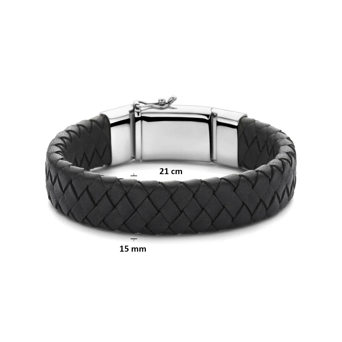 armband zwart leer 15 mm 21 cm zilver gerhodineerd
