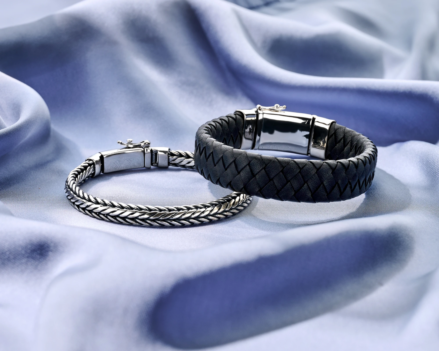 armband zwart leer 15 mm 21 cm zilver gerhodineerd