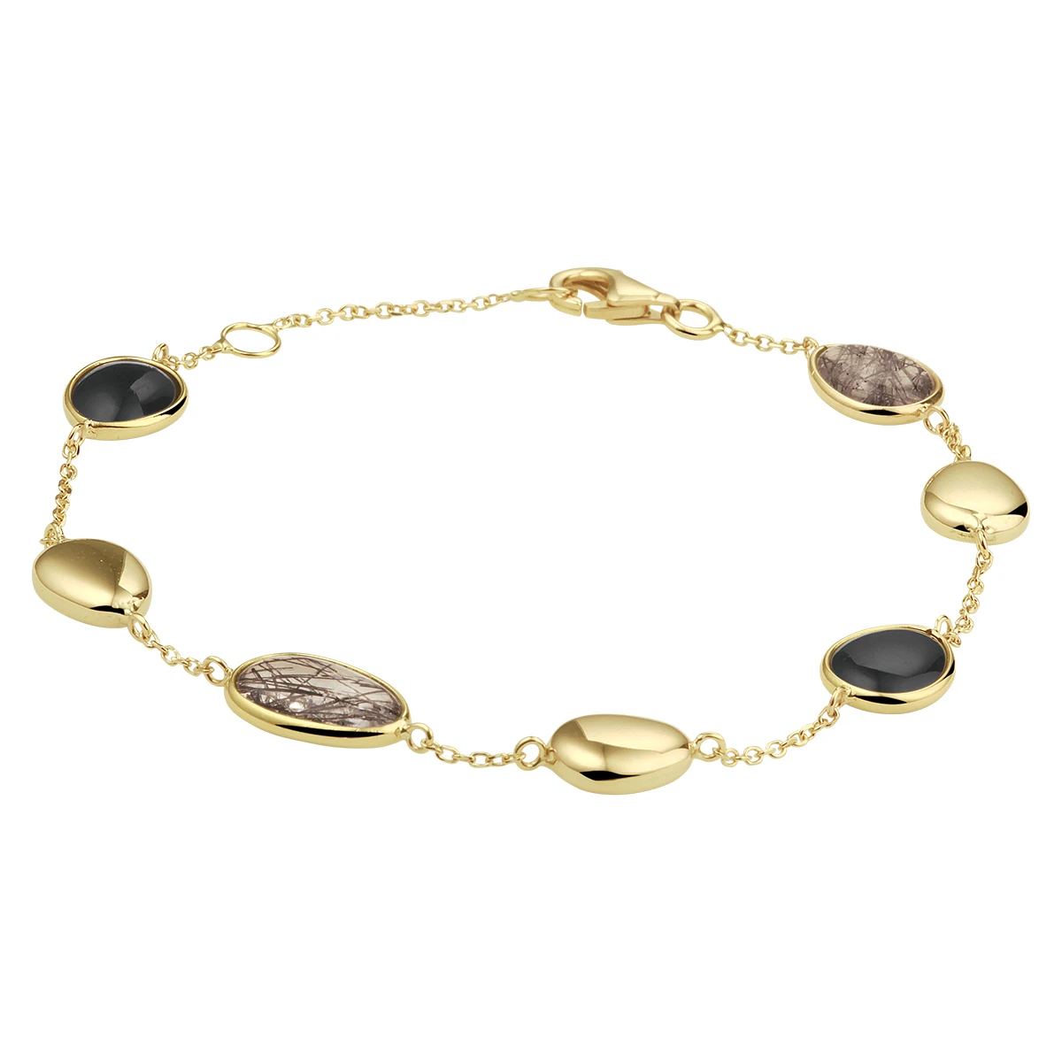 armband zwart rutiel en onyx 17 - 19 cm 14K geelgoud