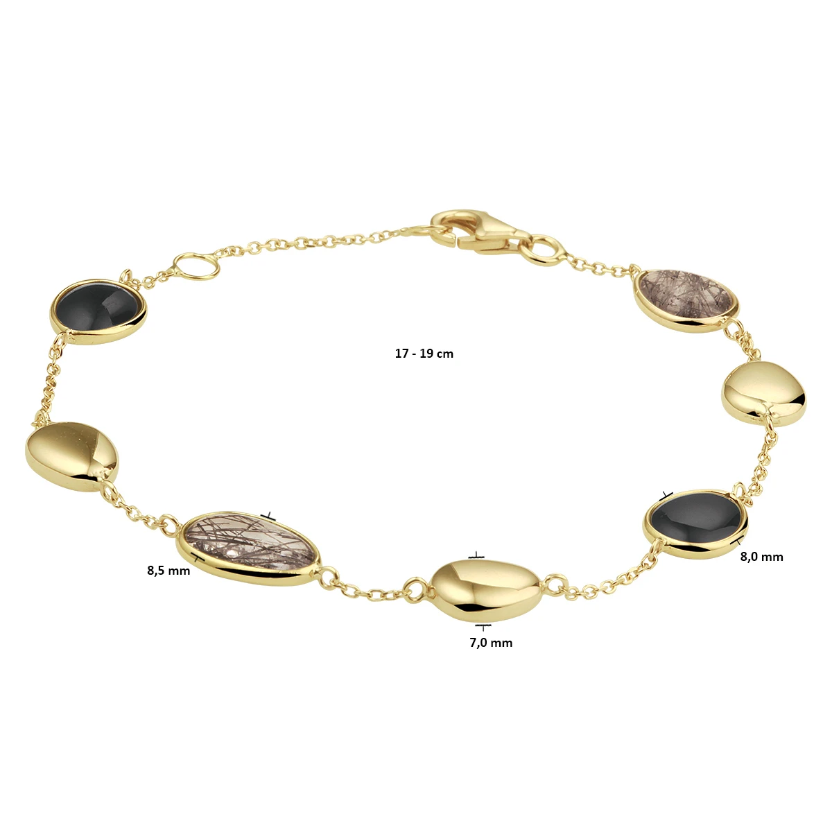 armband zwart rutiel en onyx 17 - 19 cm 14K geelgoud