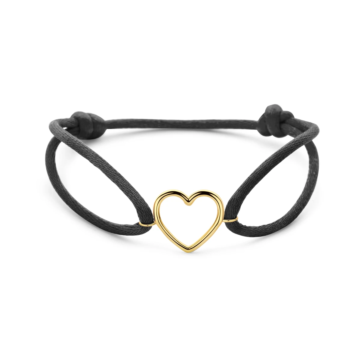 armband zwart satijn hartje 13 - 26 cm 14K goud met rubber/nylon/leer
