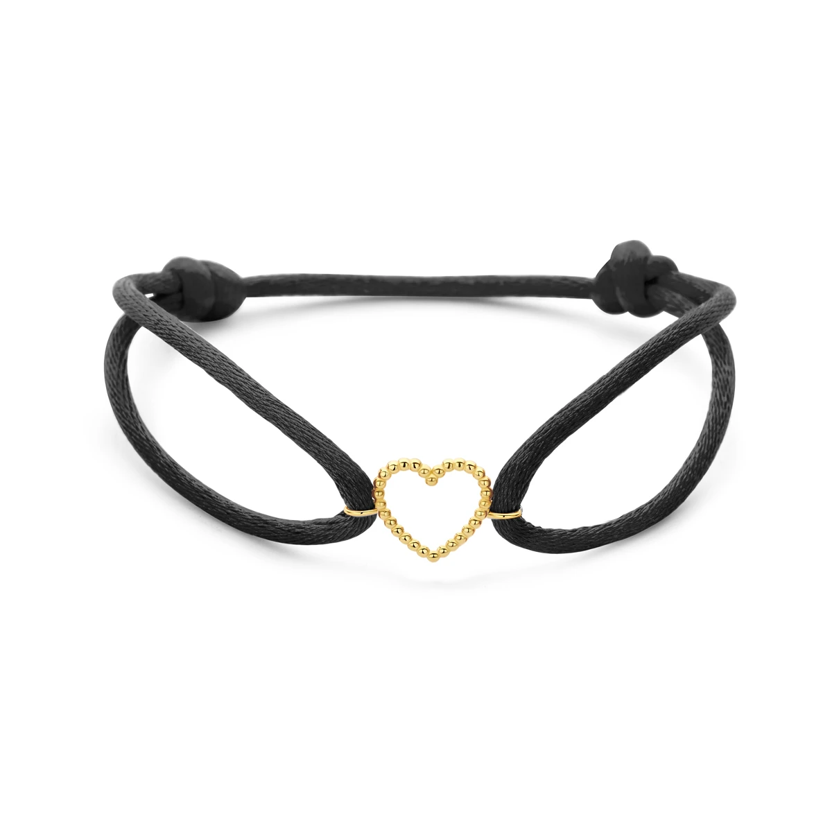 armband zwart satijn hartje 13 - 26 cm 14K goud met rubber/nylon/leer