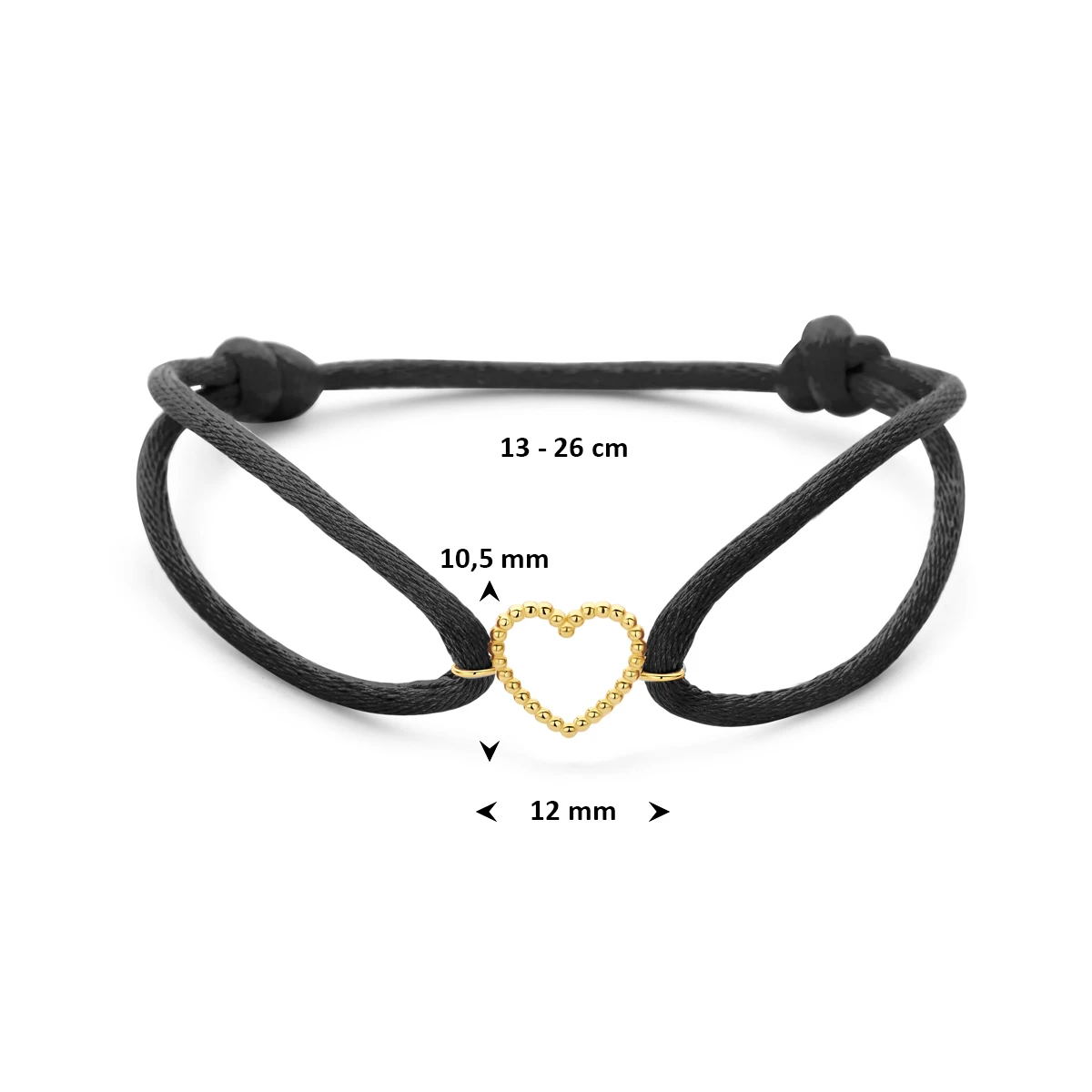 armband zwart satijn hartje 13 - 26 cm 14K goud met rubber/nylon/leer