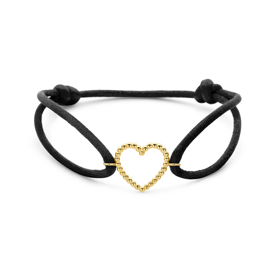 armband zwart satijn hartje 13 - 26 cm 14K goud met rubber/nylon/leer