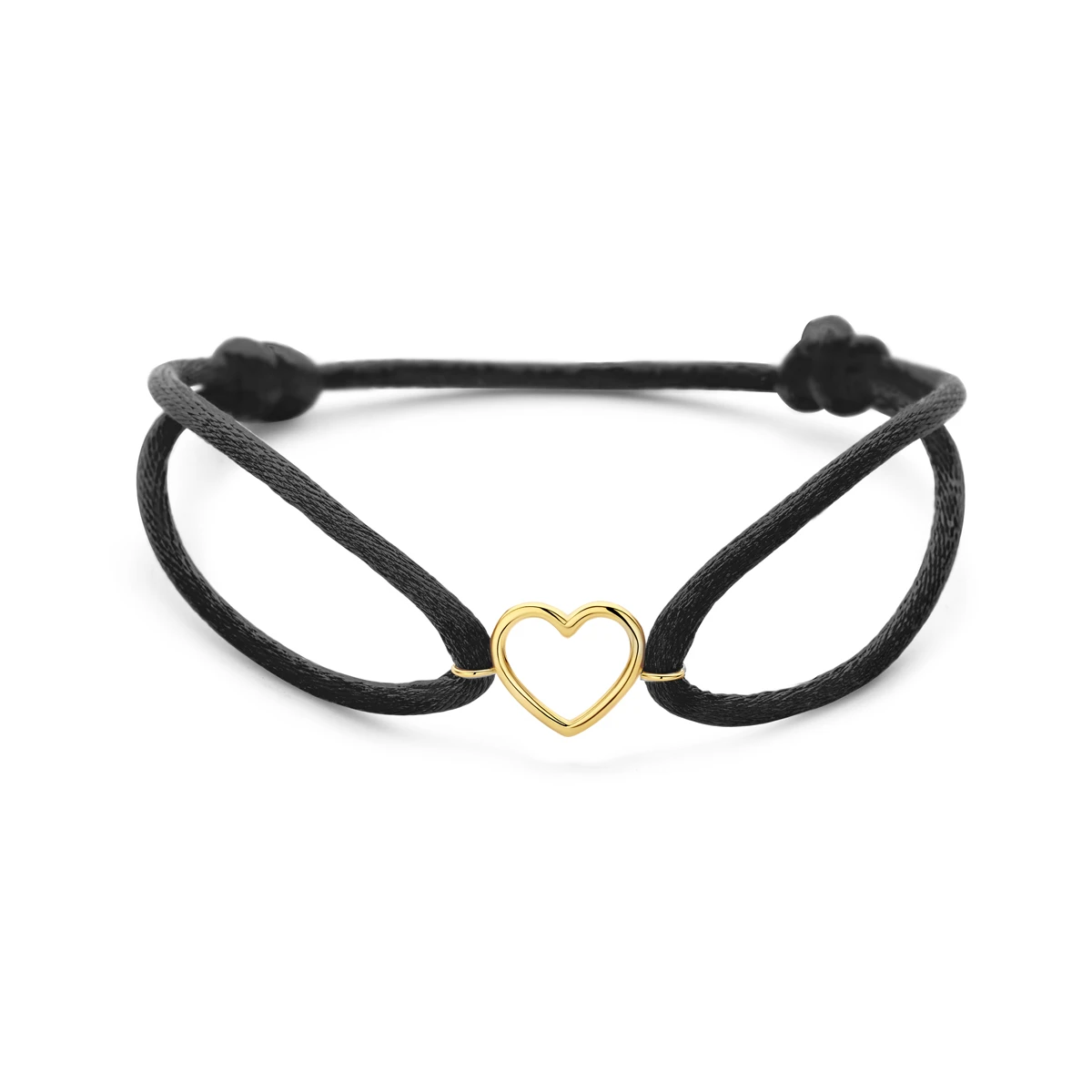 armband zwart satijn hartje 13 - 26 cm 14K goud met rubber/nylon/leer