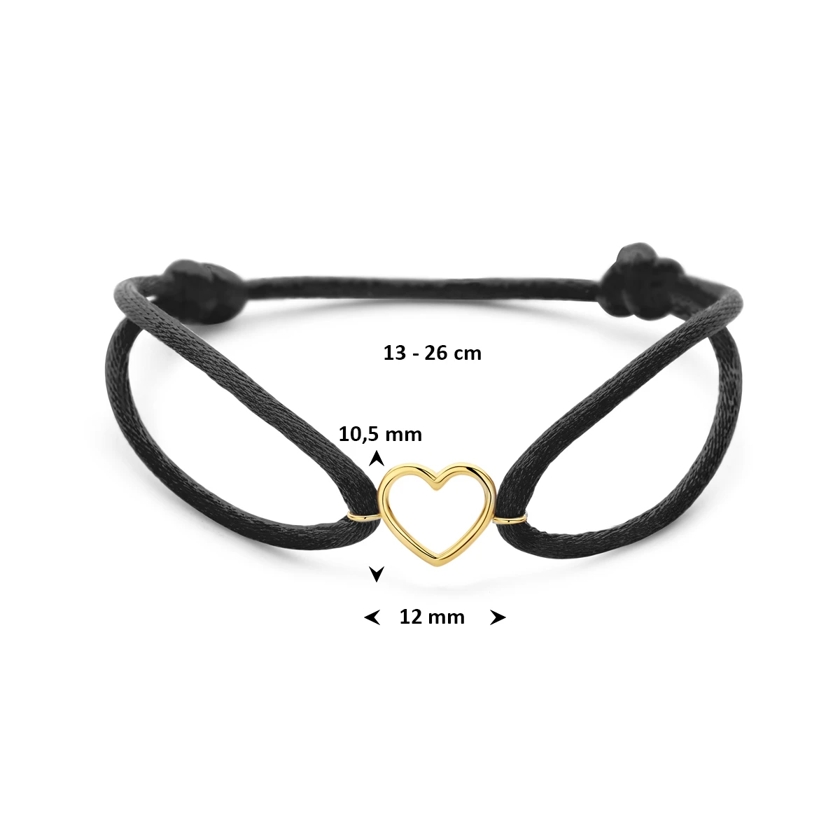 armband zwart satijn hartje 13 - 26 cm 14K goud met rubber/nylon/leer