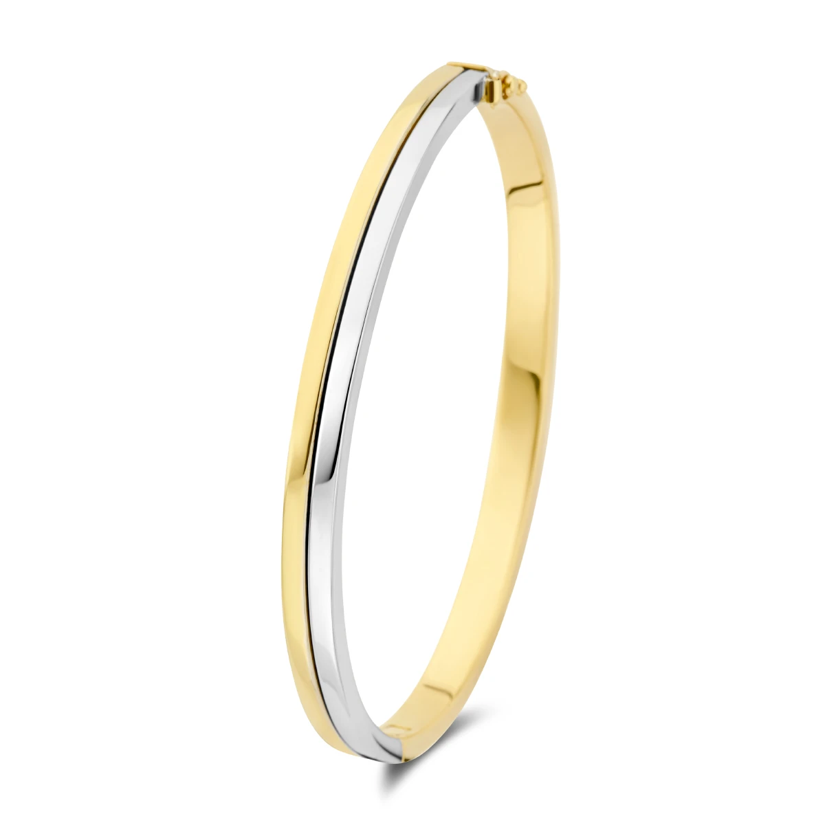 bangle scharnier vlakke buis 5 mm 14K bicolor goud geel/wit