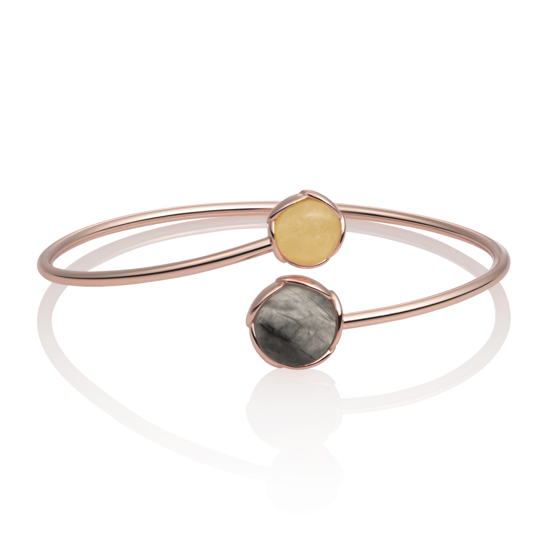 Bracelet - Rose Gold plated Blossom bangle - Double color Black Rutilated Quartz & Yellow Jade - small