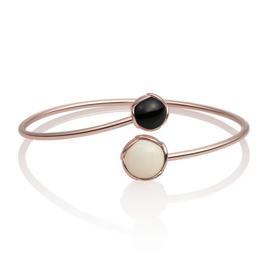 Bracelet - Rose Gold plated Blossom bangle - Double color Pearl & Onyx - medium