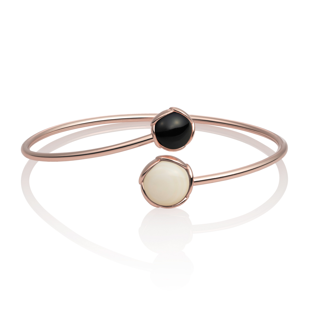 Bracelet - Rose Gold plated Blossom bangle - Double color Pearl & Onyx - small